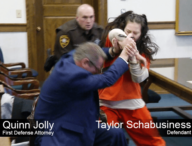 Taylor Schabusiness attacking her attorney in the courtroom